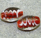 Lampwork ovaler 15x25mm röda med guldglitter
