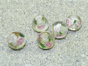 Lampwork - Lampwork runda 10mm vita blom